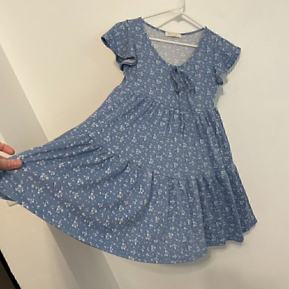 JESSICA SIMPSON Blue White Ditsy Floral Bow Flutter Sleeve Mini Babydoll Dress S - Picture 8 of 14